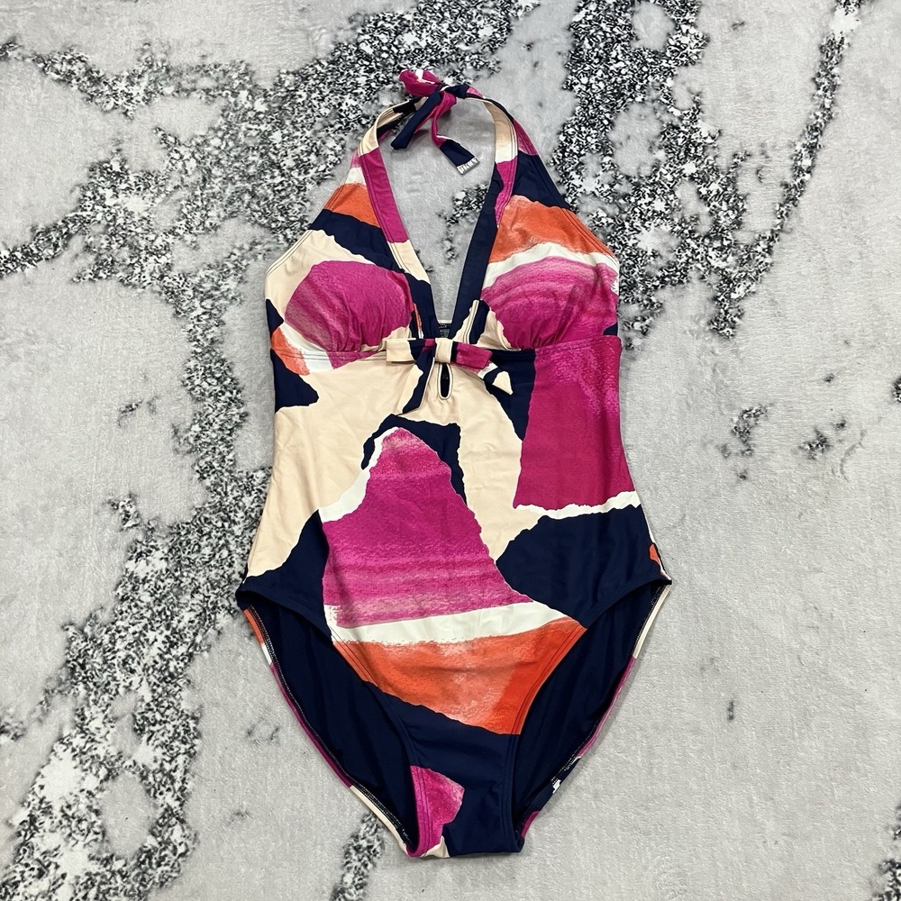 DKNY One Piece Swimsuit Halter Pink Orange Abstract Print‎ Womens Size 14